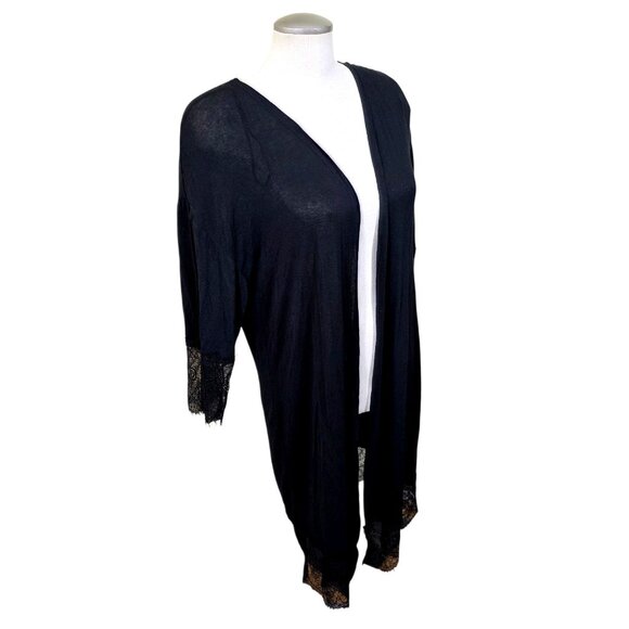 Vintage Womens Sheer Peignoir Dressing Gown Large Black Longline Lace Trim Sexy - Picture 3 of 10